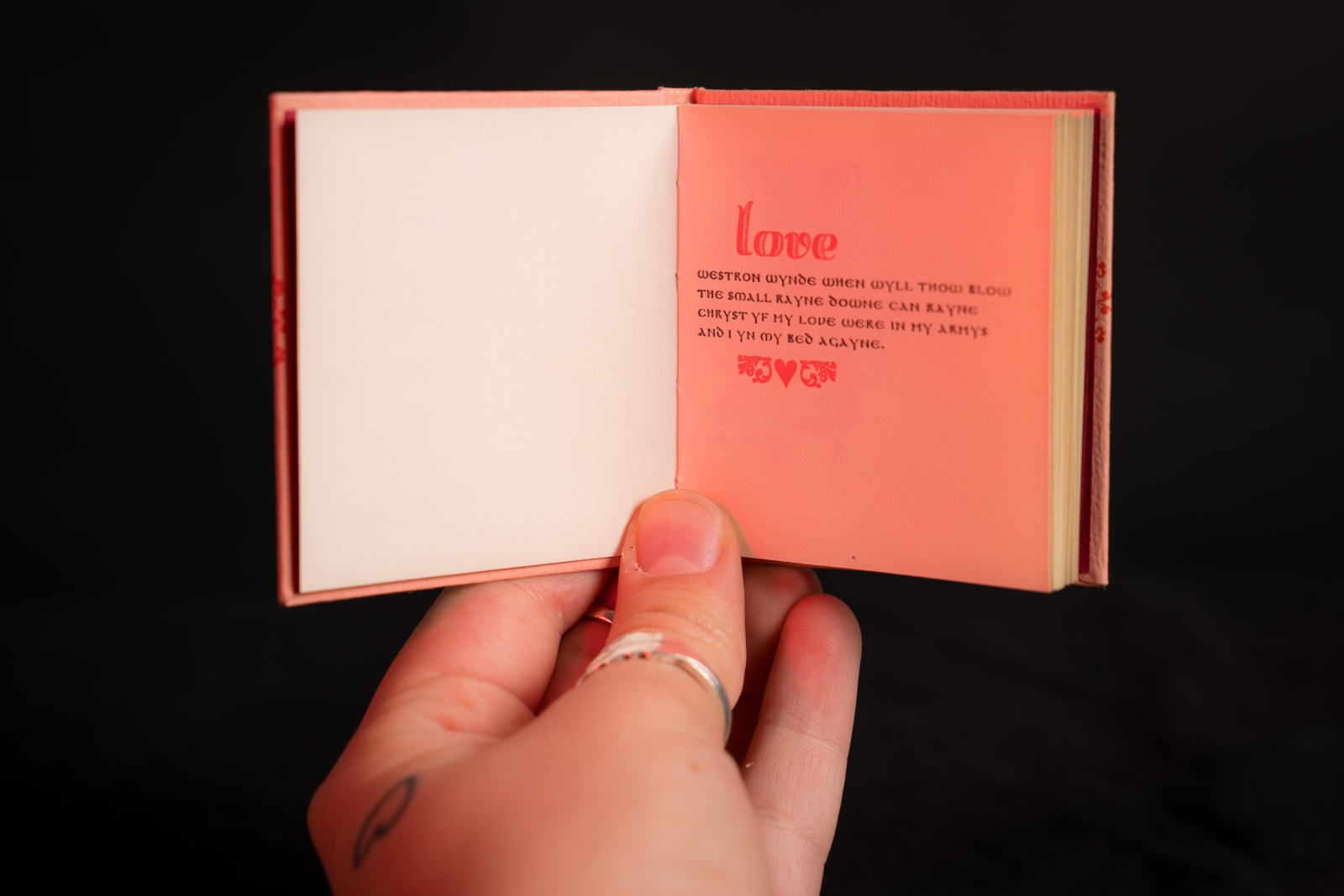 An Image of Love by Don Greame Kelley and Susan Acker against a black background. The book is opened to a specific page, a hand holding the book open. The pages are pink