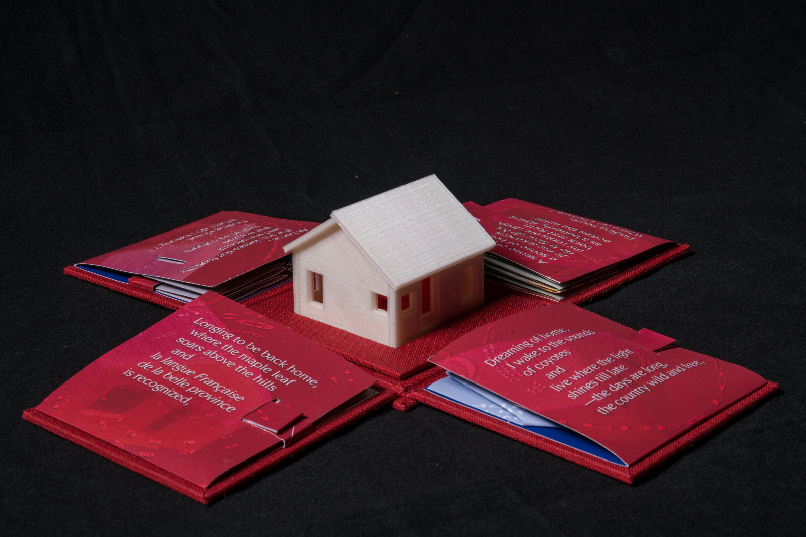 An image of Finding Home by Louise Levergneux against a black background. The book is opened, 4 red pages sitting in a square around a white, 3D printed house.